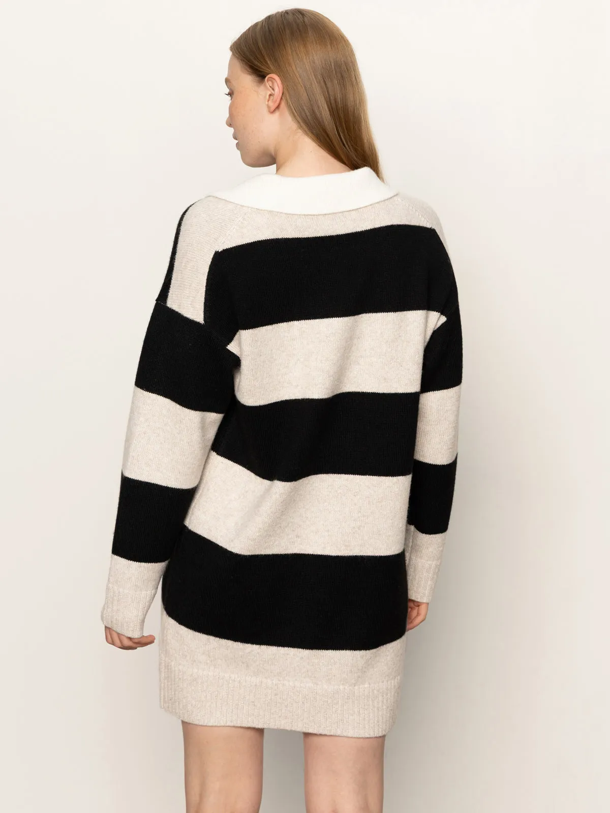 Mini-Length Easy Tones Polo Striped Sweater Dress Heather Pearl W/ Black