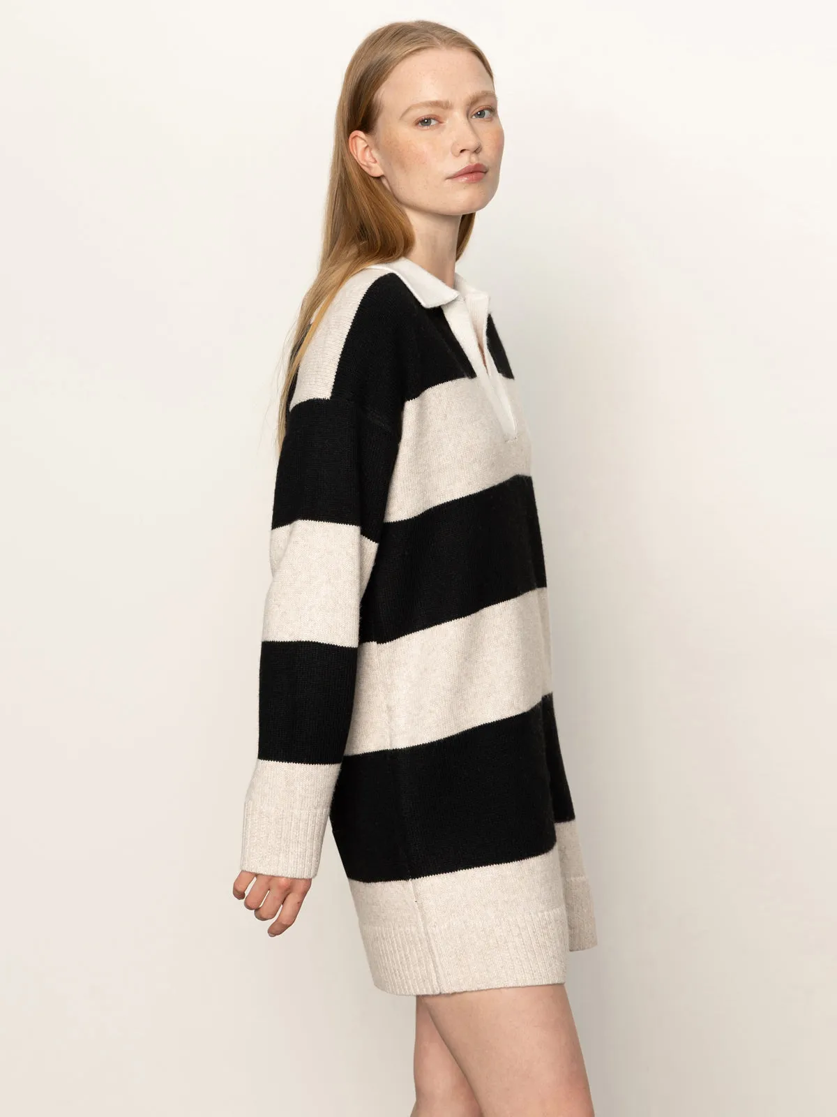 Quick Glam Style Option Polo Striped Sweater Dress Heather Pearl W/ Black