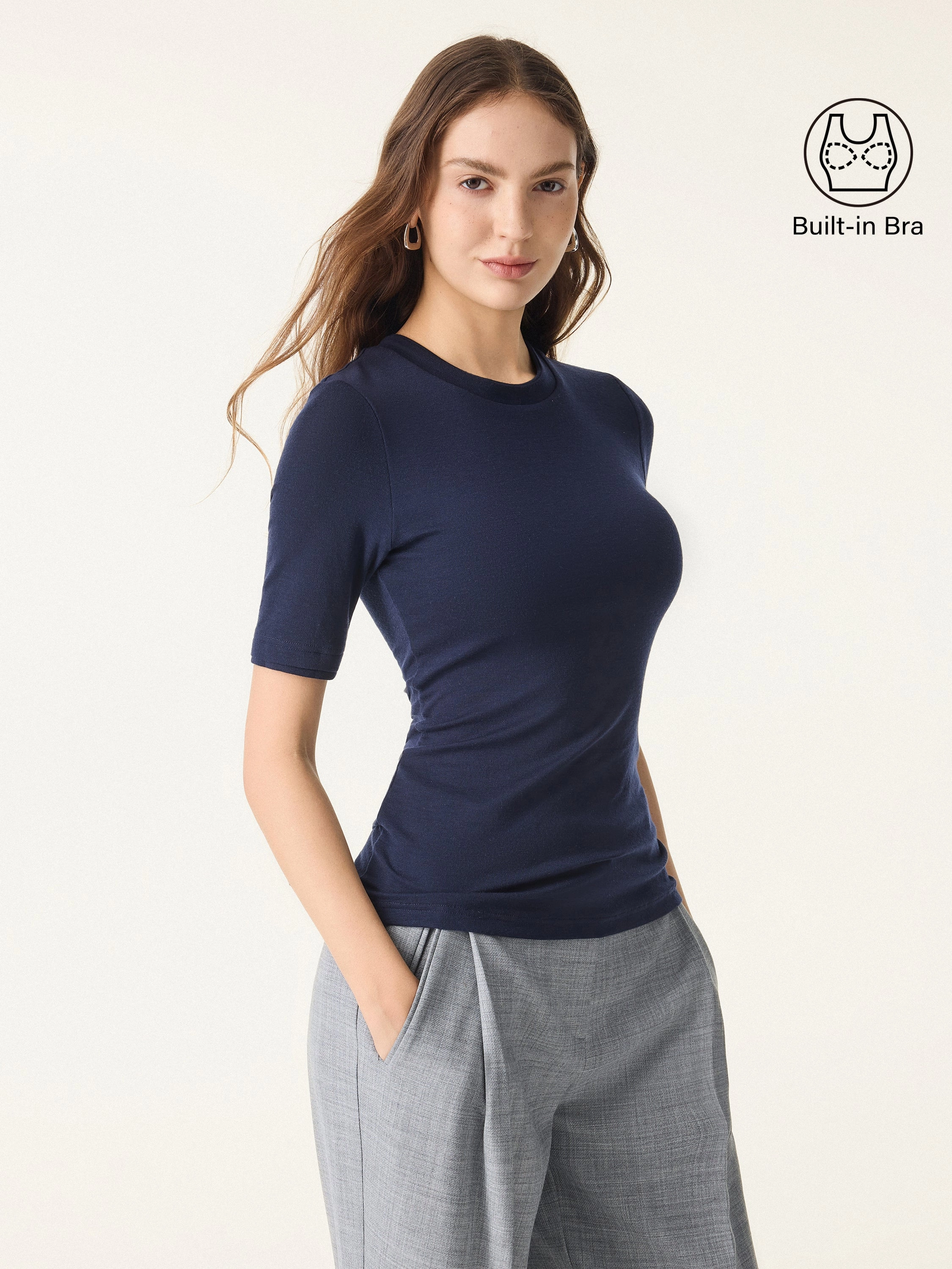 Heat Regulating Fabric Lyocell Cashmere Crewneck Layered Cuff Brami