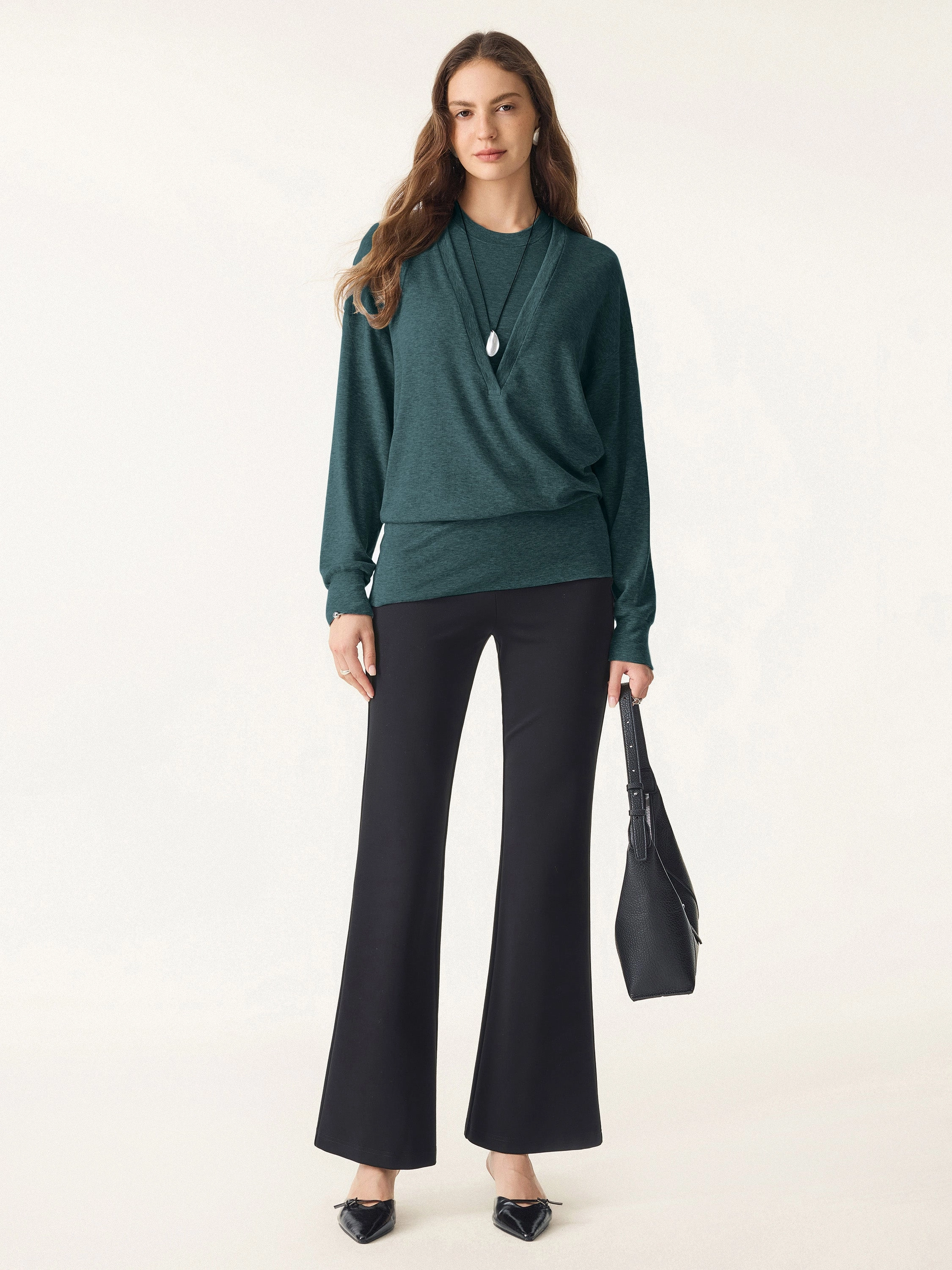Fitted Design Lyocell Cashmere V-neck Drop Shoulder Top
