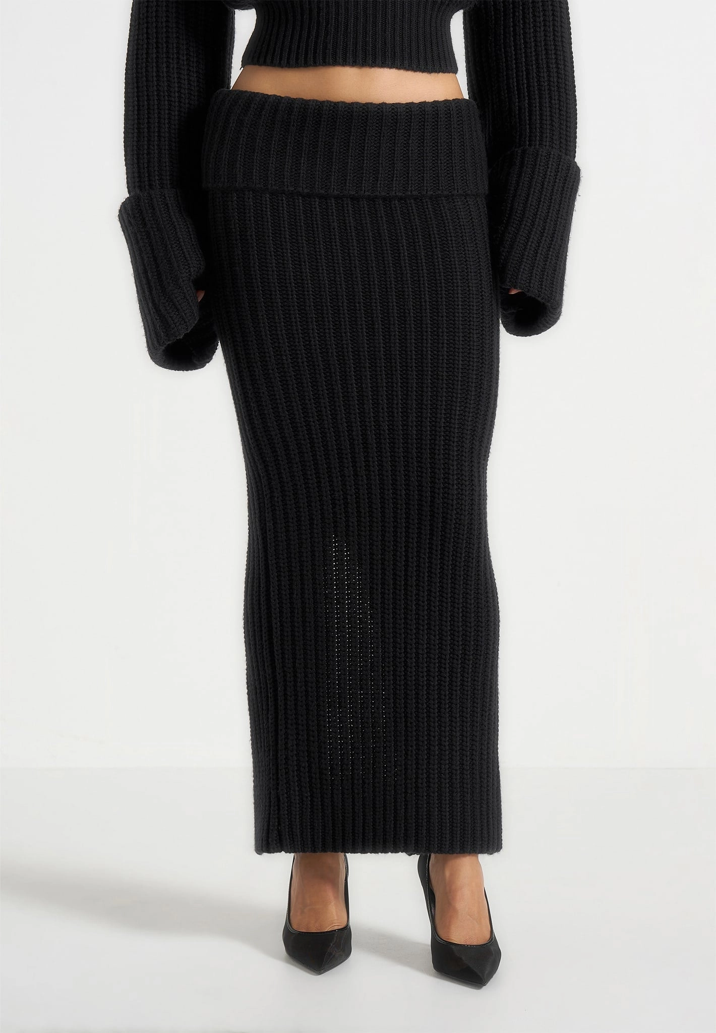 Low Maintenance Reinforced Stress Points Lyra - Knit Maxi Skirt with Foldover - Black
