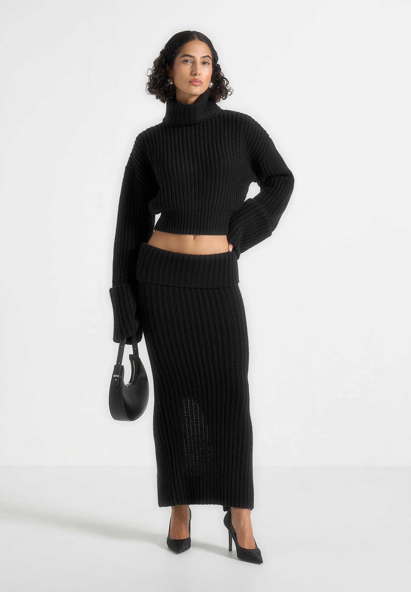 Ribbed Collar Design Lyra - Knit Maxi Skirt with Foldover - Black