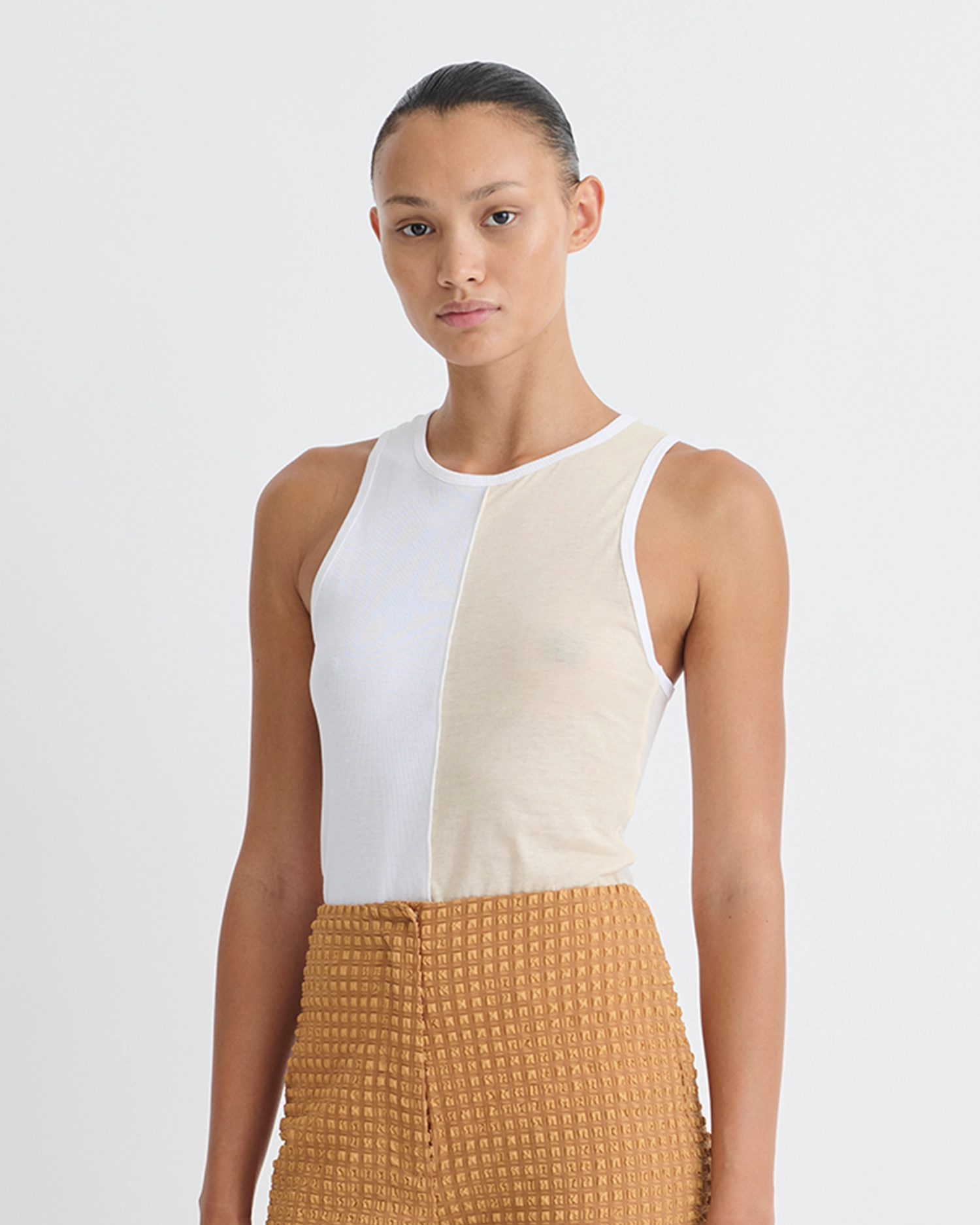 Earthy Tone Colorways Macha - Color Blocked Tank Top - White/Eggshell