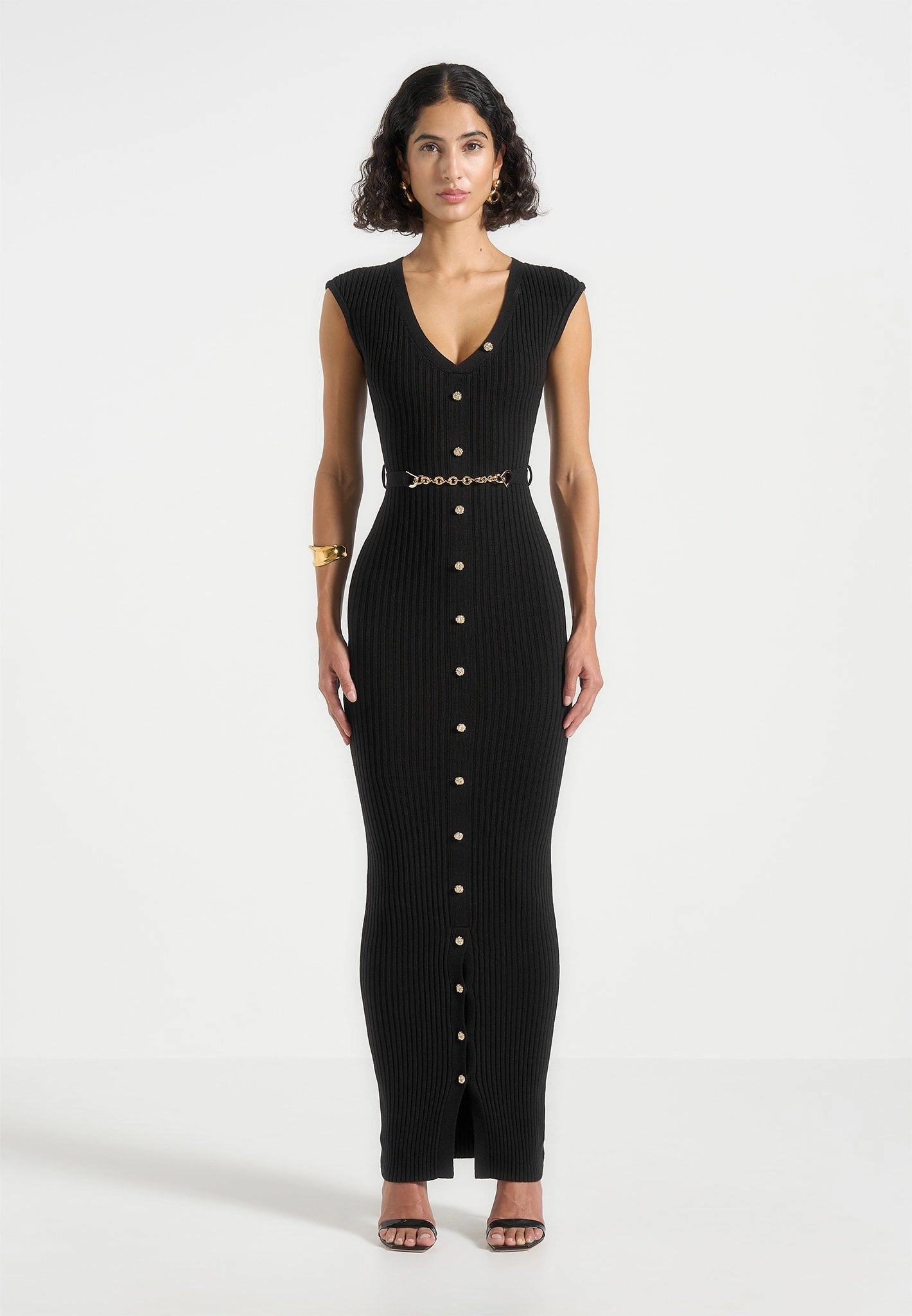 Helene - Knitted Midaxi Dress with Belt - Black Soft Material Sleek Surface