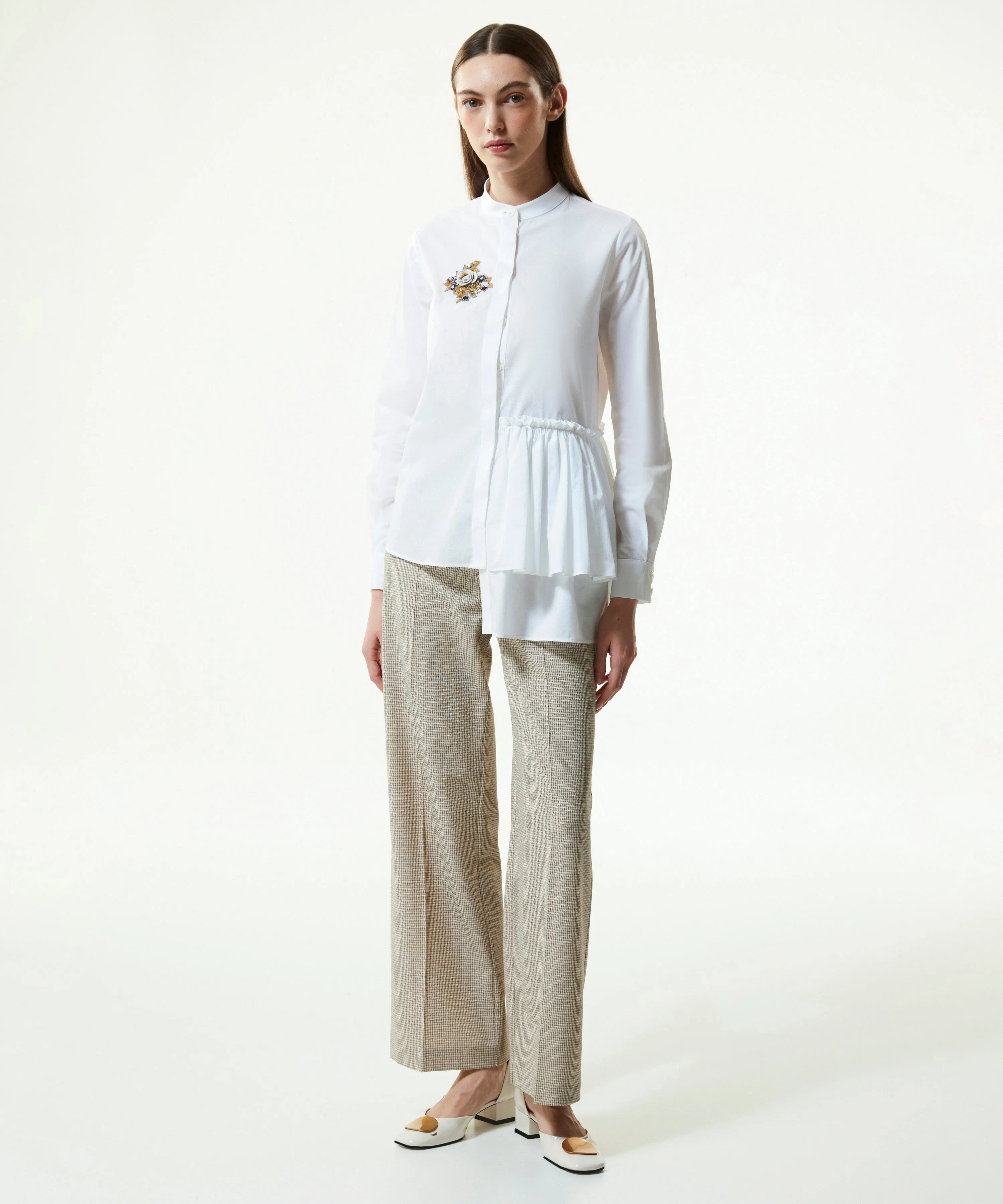 Machka Asymmetrical Ruffled Floral-Embroidered Shirt White