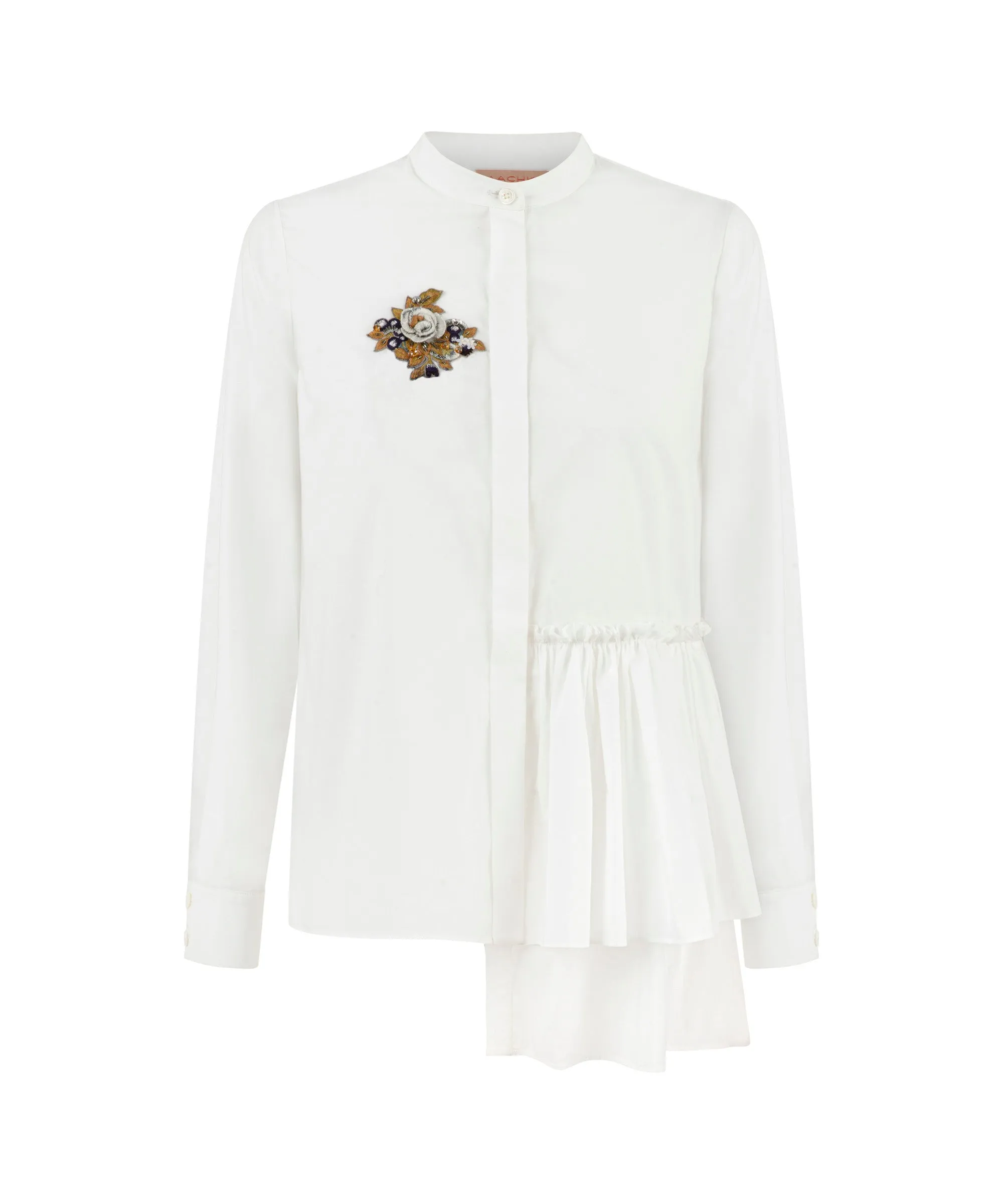 Machka Asymmetrical Ruffled Floral-Embroidered Shirt White
