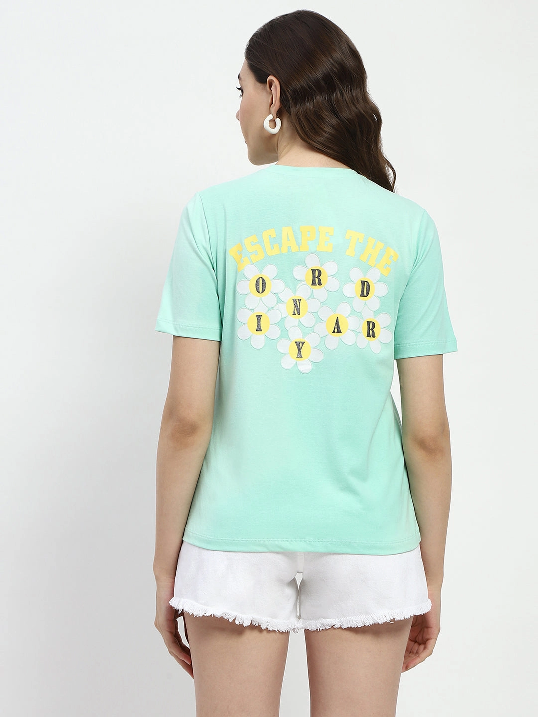 Breathable Waist Comfy Look Wear Madame 3D Print Monochromatic Cotton Mint T-Shirt