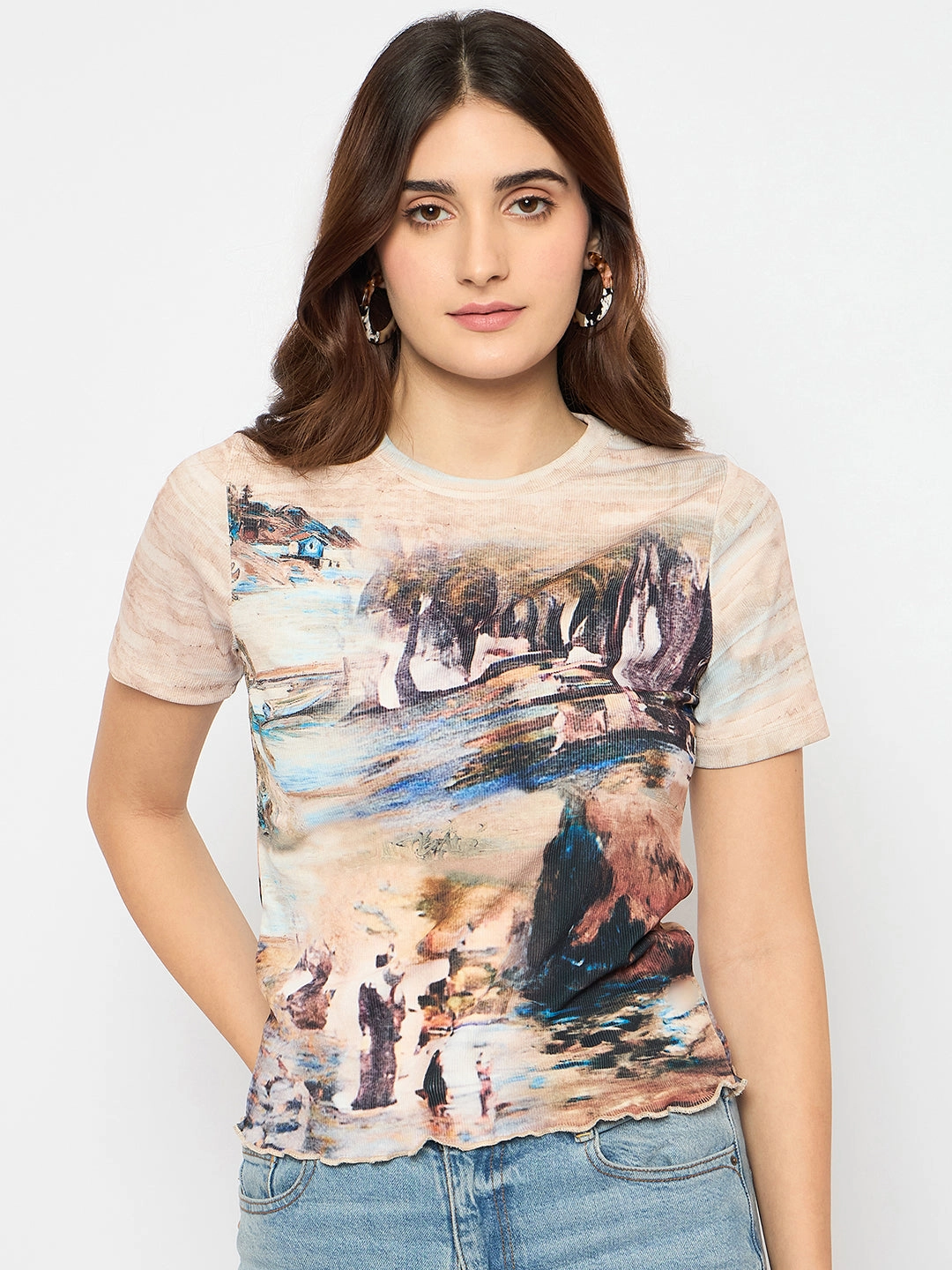 Madame Abstract Print Crew Neck Beige Top Lightweight Weave ZeroWaste Pattern