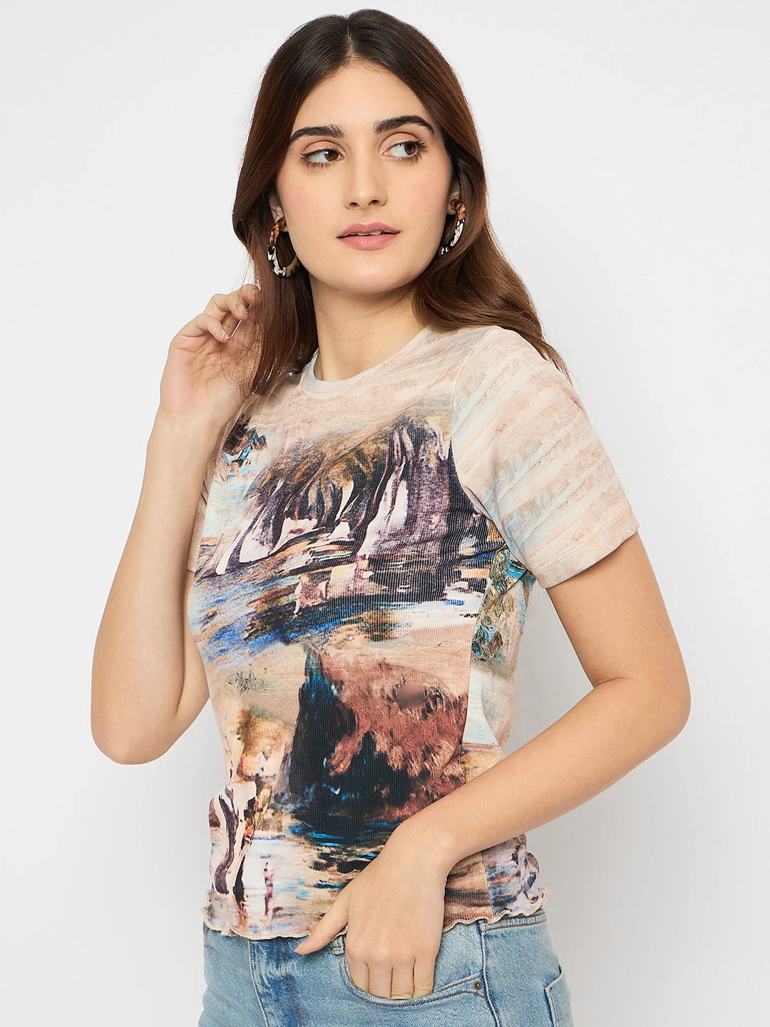 Madame Abstract Print Crew Neck Beige Top sporty wear Hidden Storage Pocket