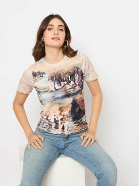 OversizedSilhouette Minimalist Styling Madame Abstract Print Crew Neck Beige Top