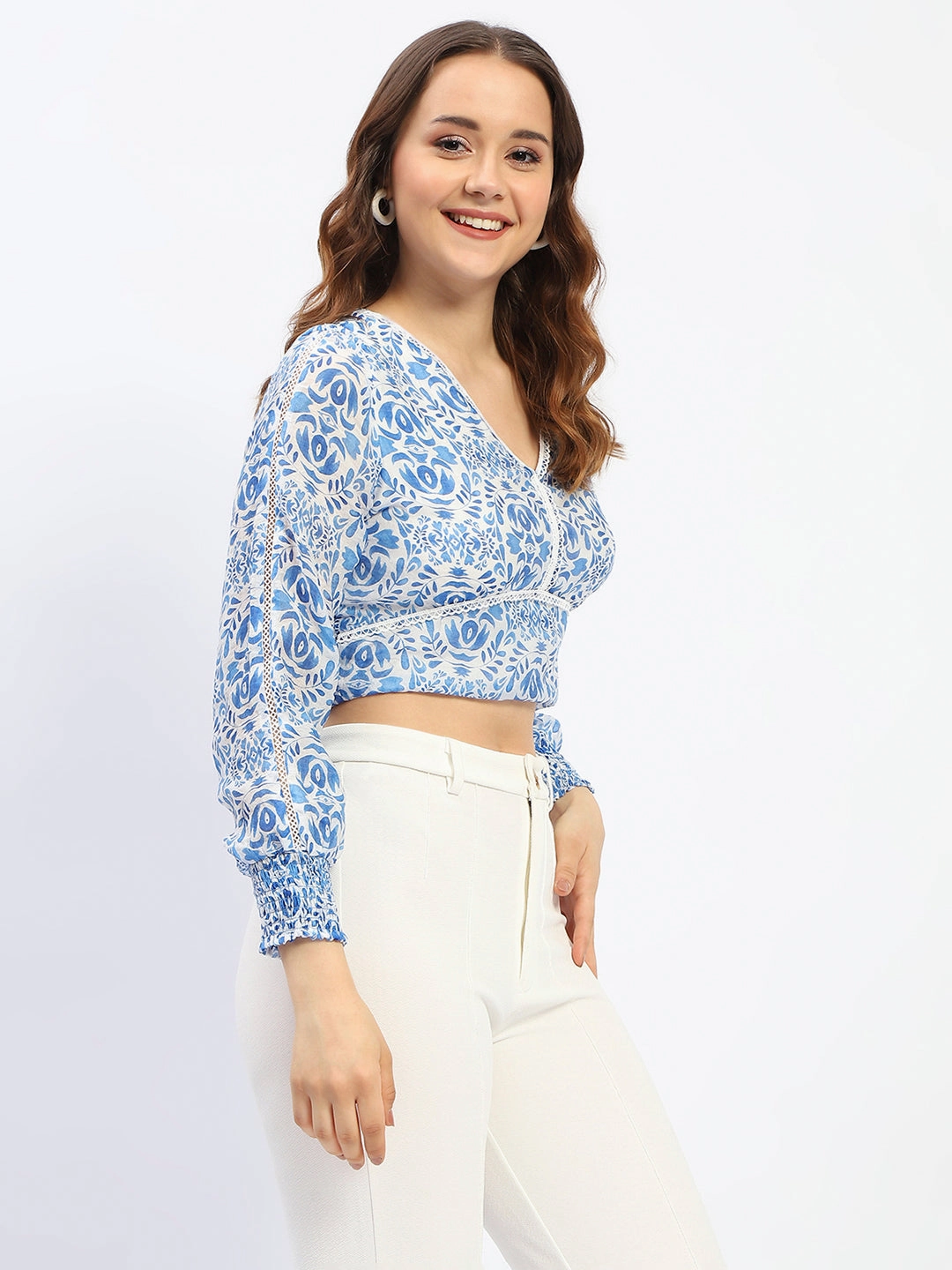 Breathable3DKnit Madame Abstract Print Lace Detailed V Neck Blue Cotton Top
