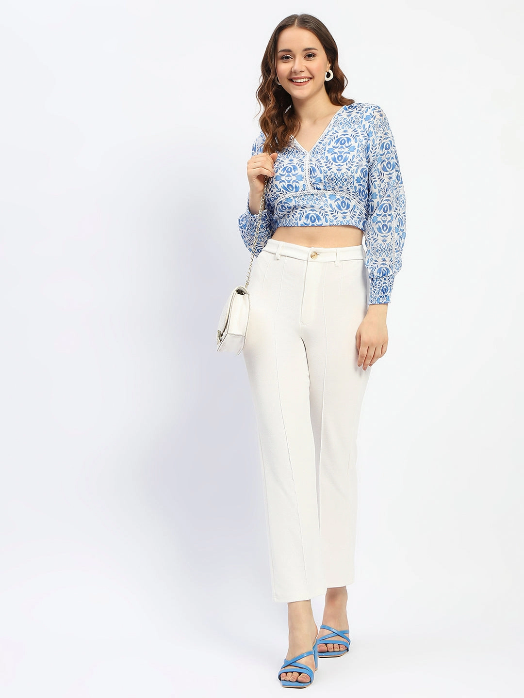 NonScratchyLining StretchTechnology Madame Abstract Print Lace Detailed V Neck Blue Cotton Top