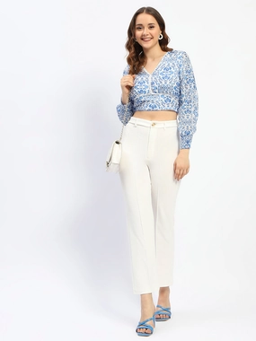 NonScratchyLining StretchTechnology Madame Abstract Print Lace Detailed V Neck Blue Cotton Top