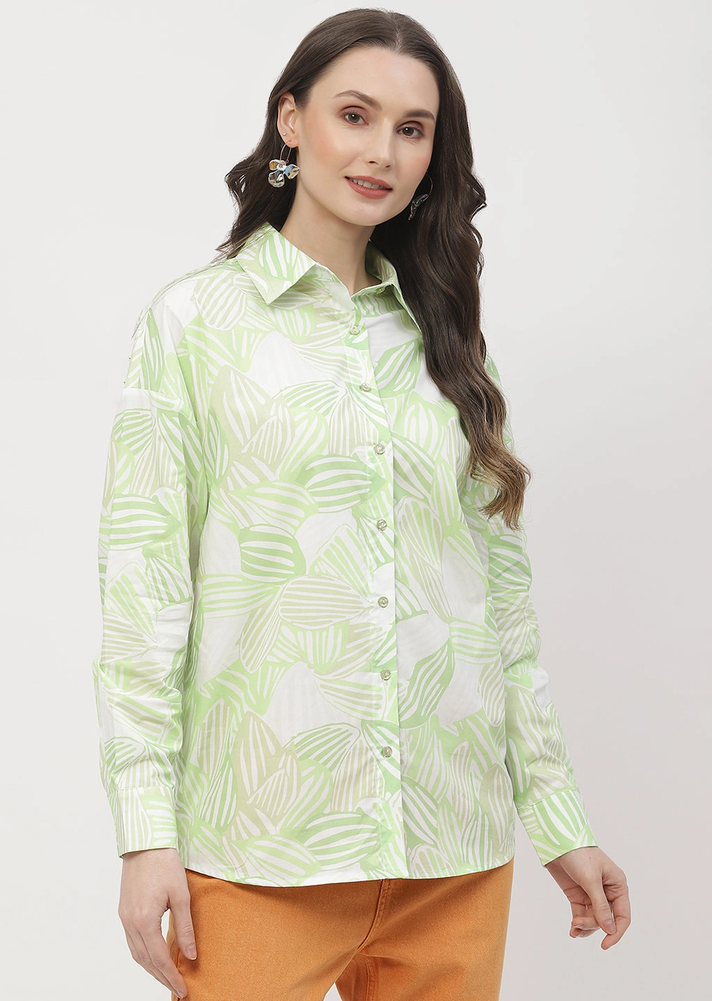 Reinforced Elbow Patches Earthy Hue Madame Abstract Print Lime Green Regular Shirt