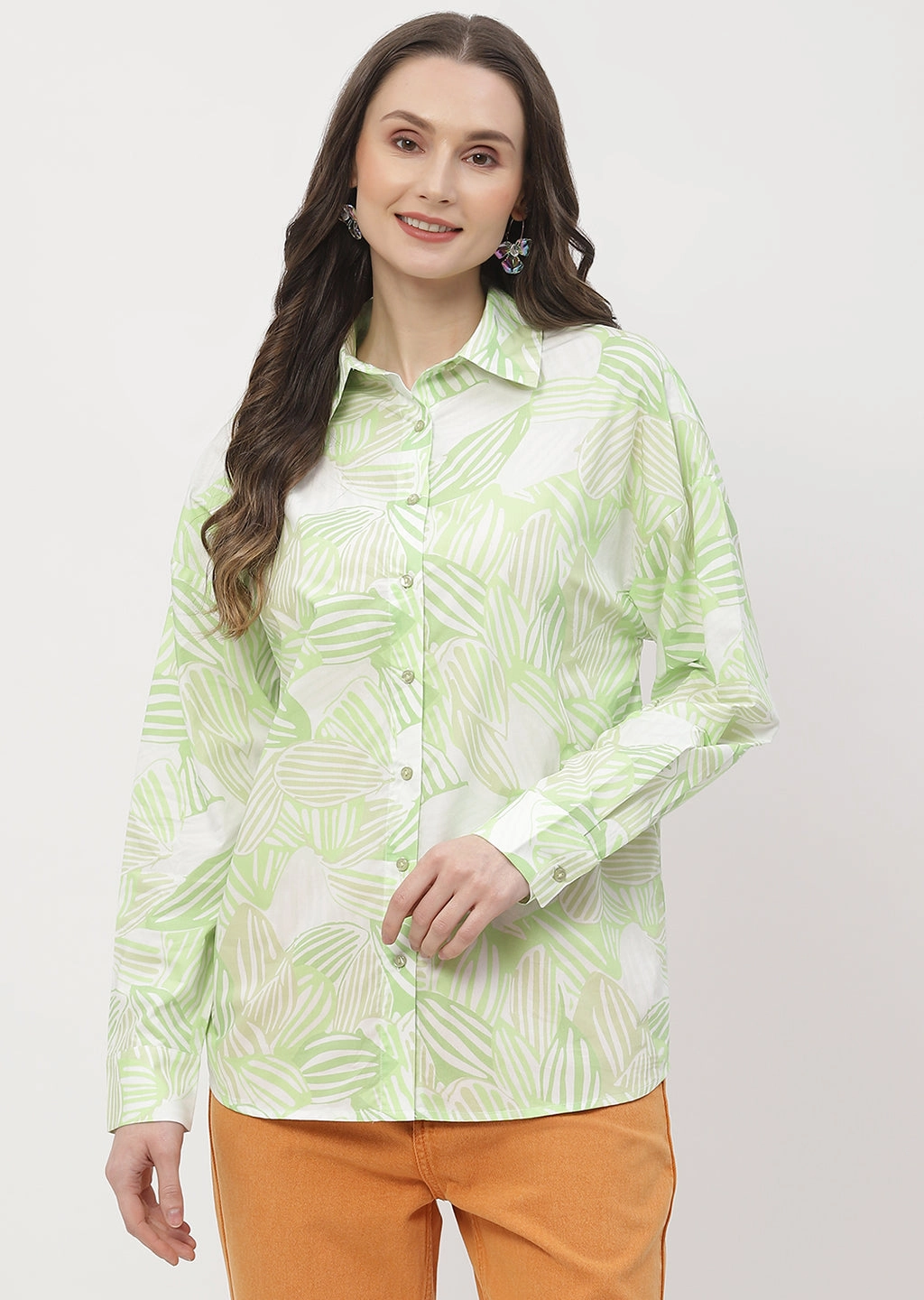 Madame Abstract Print Lime Green Regular Shirt Wrinkle-Free