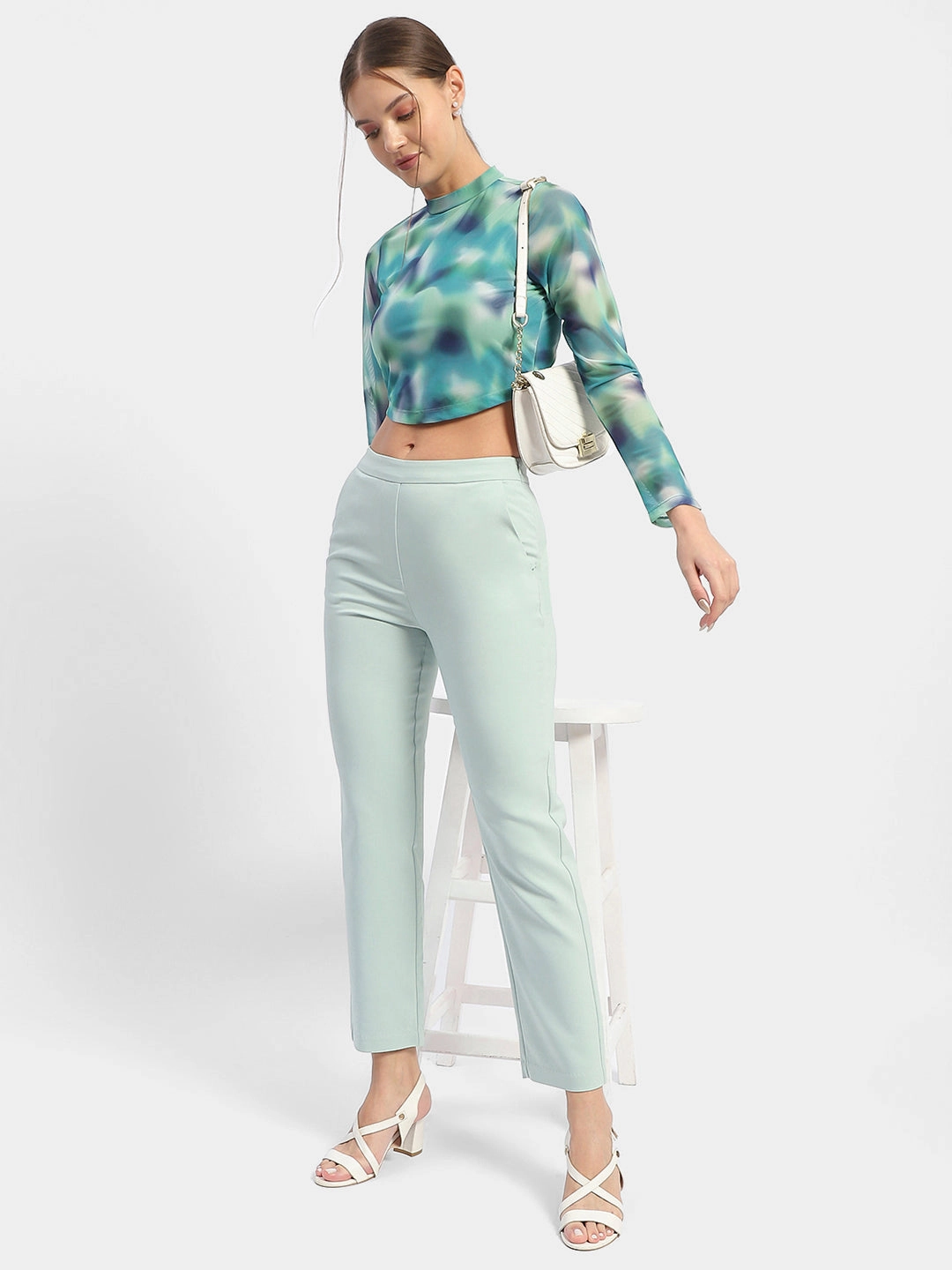 Cozy Sweatshirt Reflective Trim Madame Abstract Print Mint Green Asymmetrical Hem Top