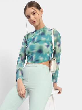 Breathable mesh lining Madame Abstract Print Mint Green Asymmetrical Hem Top