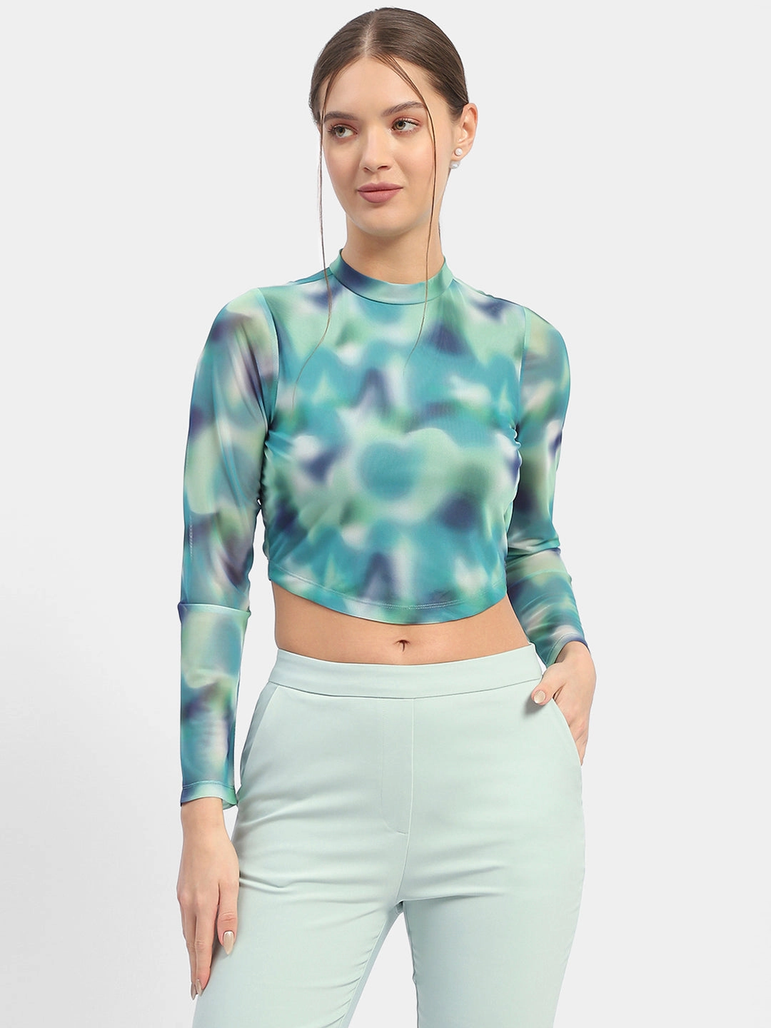 Drop Shoulder Silhouette UV protection layer Madame Abstract Print Mint Green Asymmetrical Hem Top