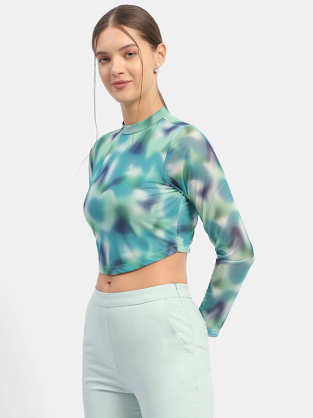 Minimalist Design Madame Abstract Print Mint Green Asymmetrical Hem Top