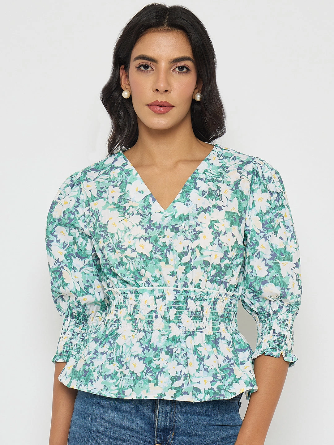 FrenchTerry TactileWeave Madame Abstract Print Nylon Blend Pink Peplum Top
