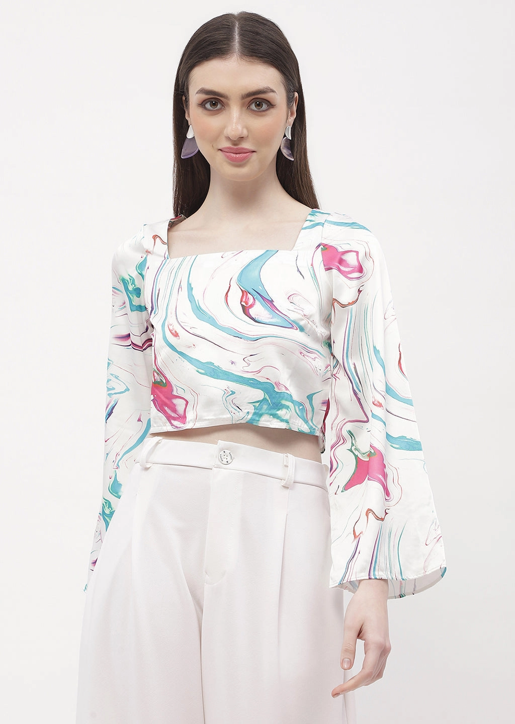 HiddenVentilationPockets MultiLayer Stitching Madame Abstract Print Off-White Bell Sleeve Crop Top