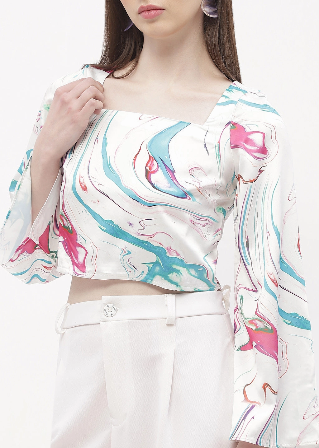 Layered Neckline Madame Abstract Print Off-White Bell Sleeve Crop Top