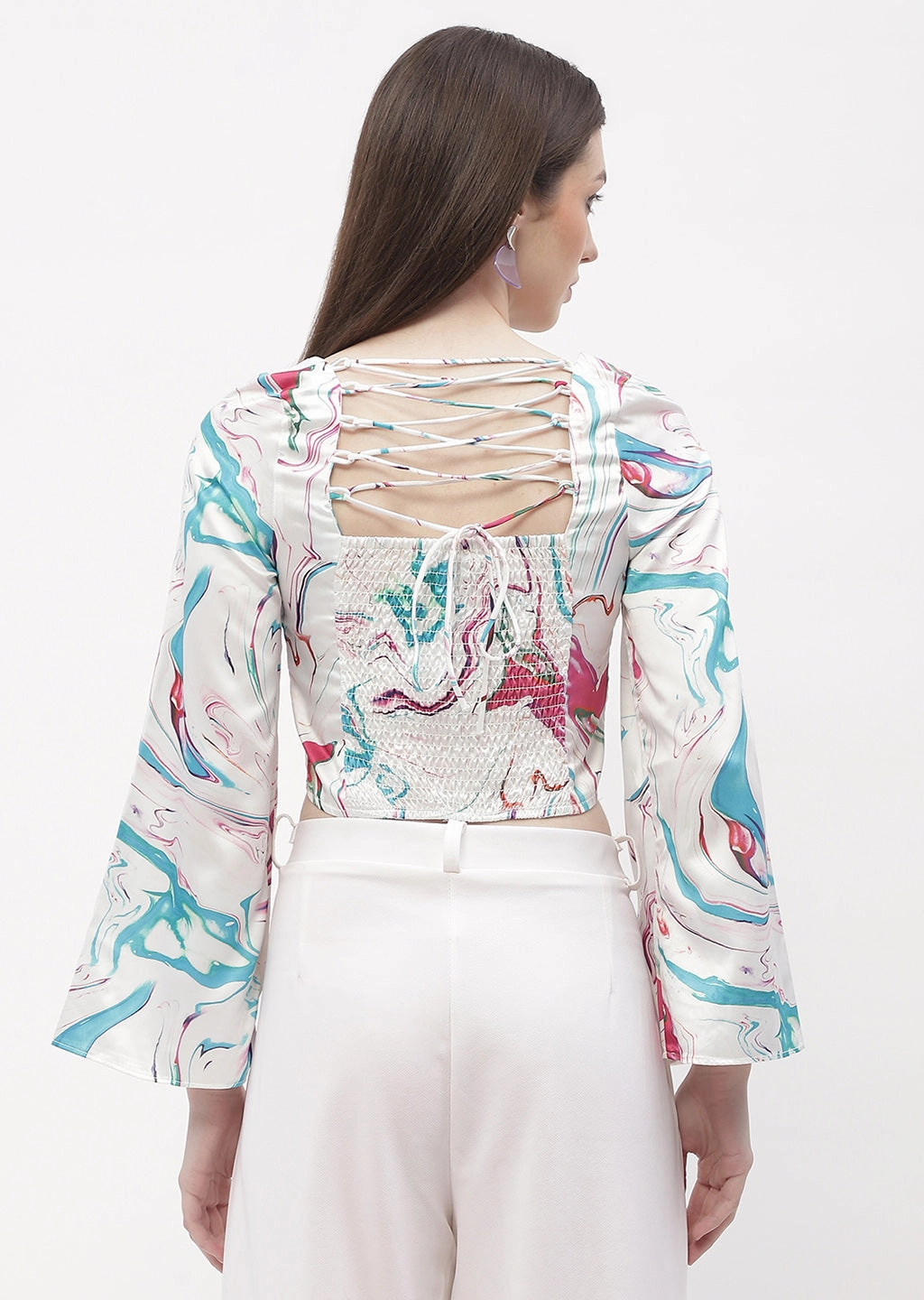 Long Sleeve Tee Madame Abstract Print Off-White Bell Sleeve Crop Top