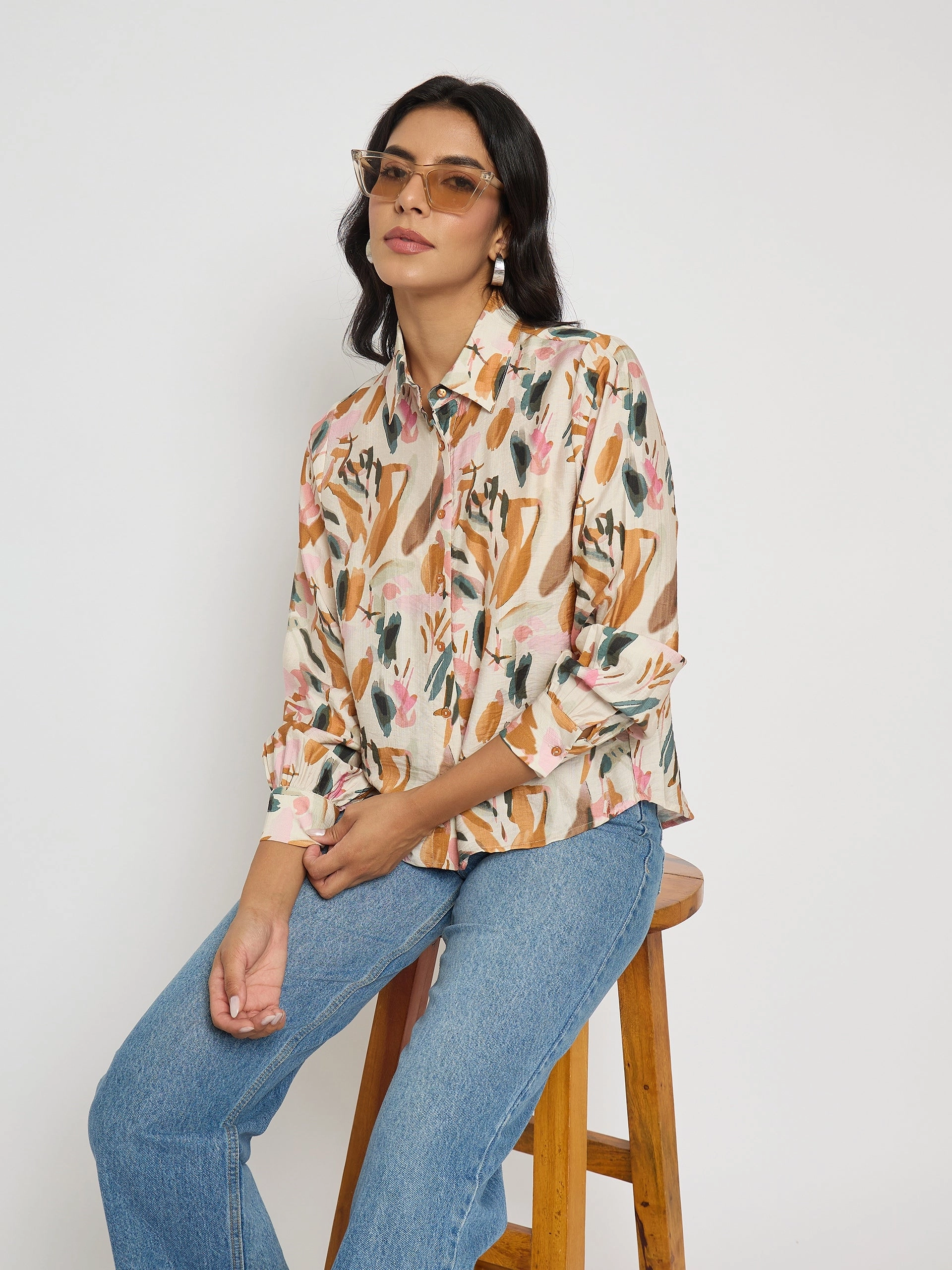 Fashion Forward Design Travel-friendly Madame Abstract Print Rust Red Rayon Blend Shirt