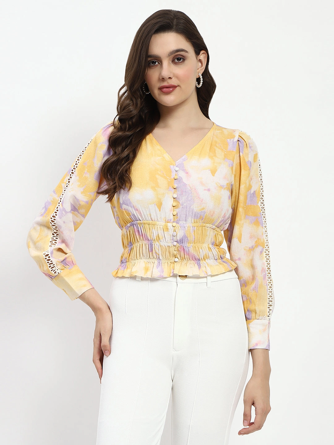 Casual Tee Madame Abstract Print V Neck Smocked Top