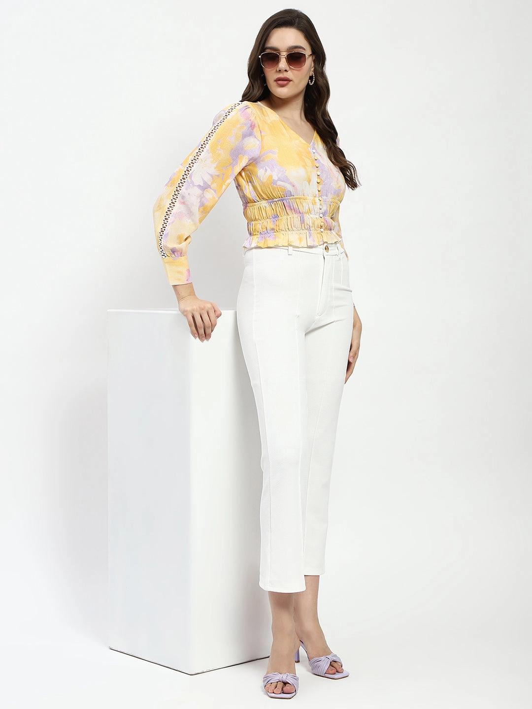 ShockAbsorbing Winter Wardrobe Madame Abstract Print V Neck Smocked Top