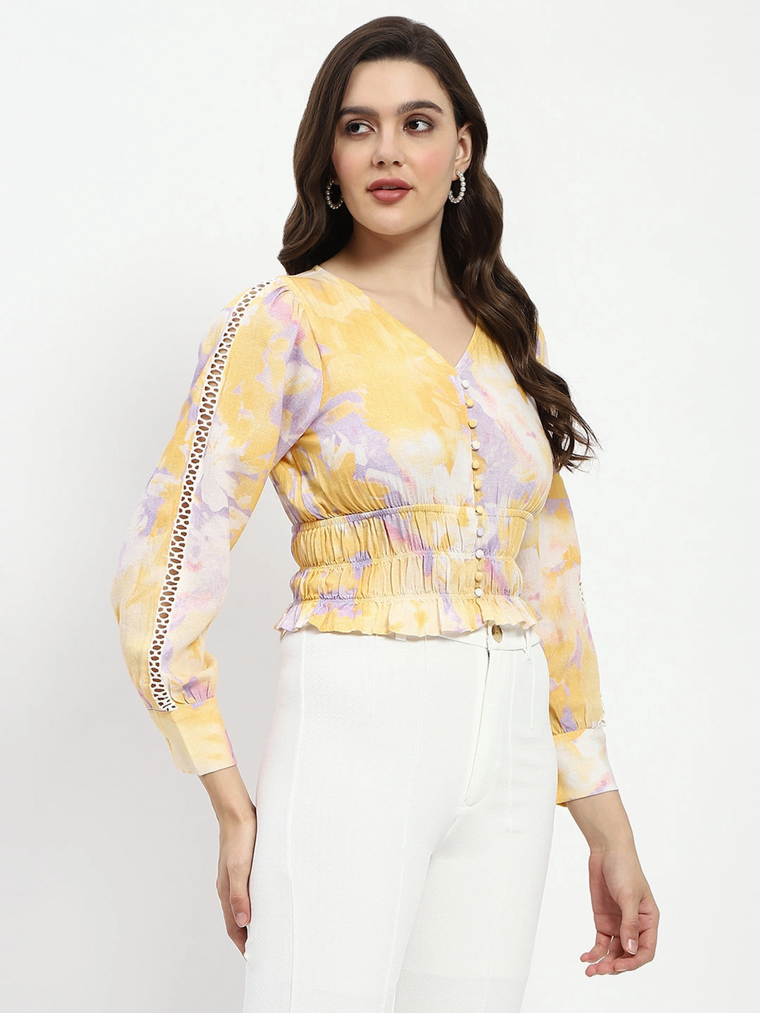 Madame Abstract Print V Neck Smocked Top Knit Fabric Technology