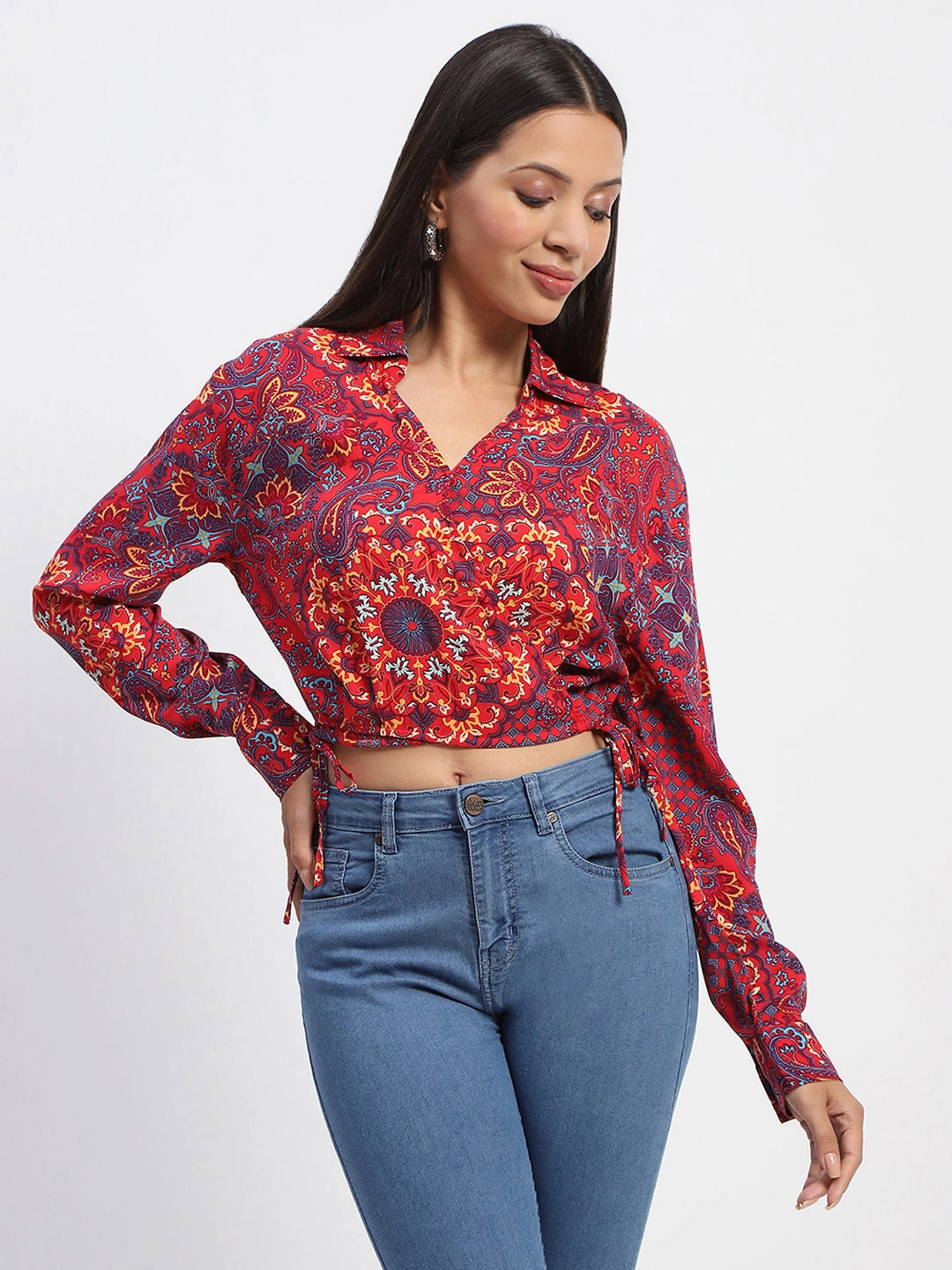 Madame Abstract Print Wrap Tie Detail Red Crop Top Quick Dry Fabric Reinforced Shoulder Seams