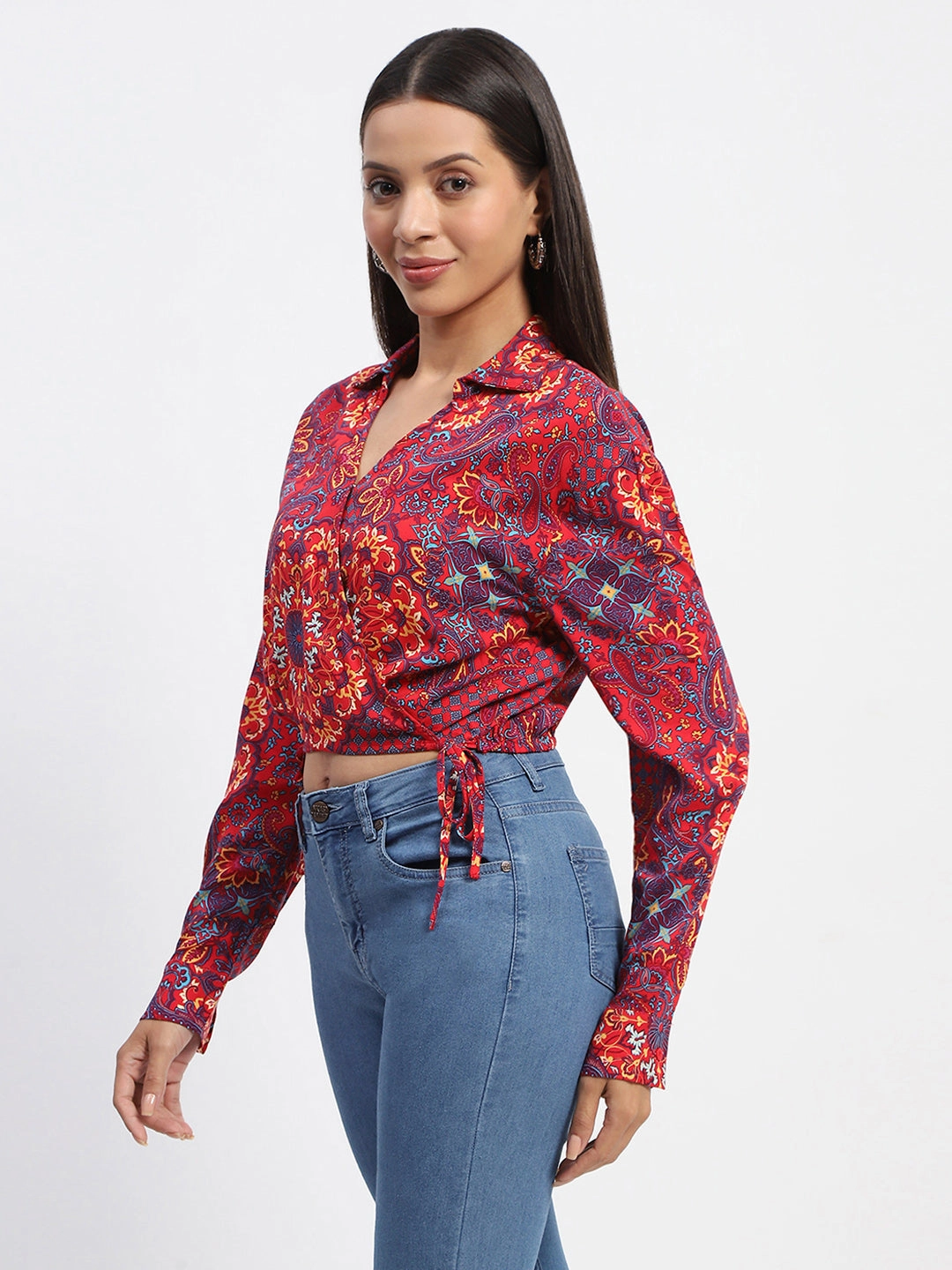 Madame Abstract Print Wrap Tie Detail Red Crop Top Contrast Stitch Detailing Relaxed Fit Shirt