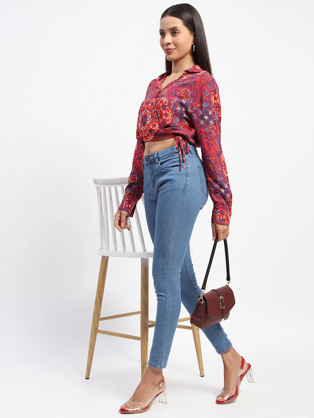 Stylish Hoodie Madame Abstract Print Wrap Tie Detail Red Crop Top