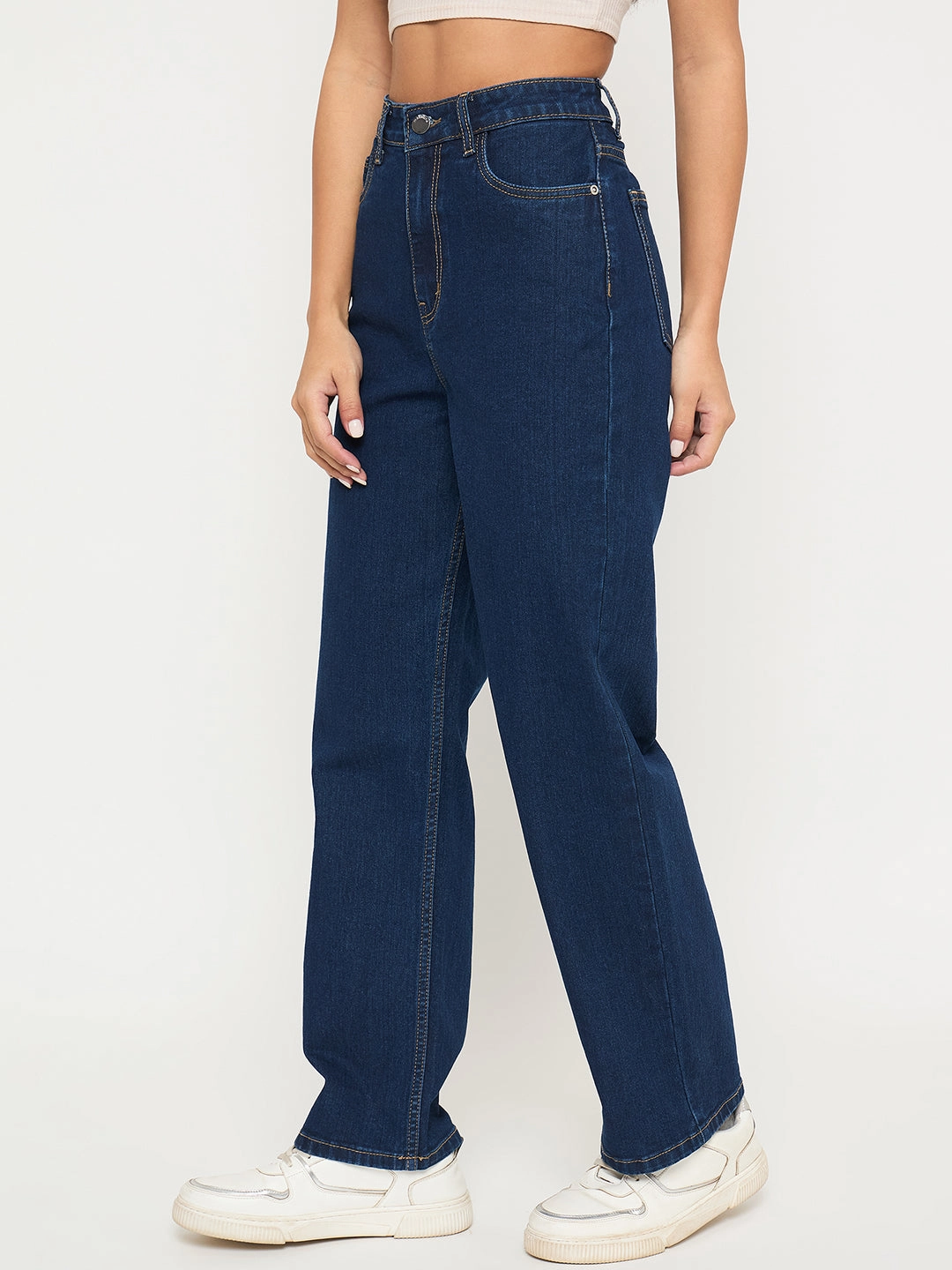 Madame Acid Wash Dark Blue Cotton Blend Straight Jeans Cool Texture