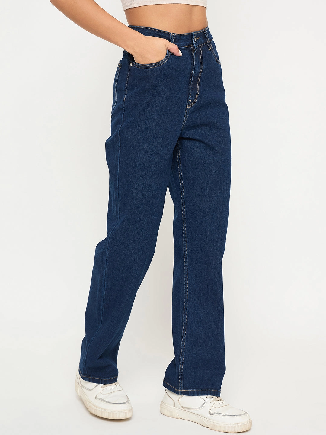 Madame Acid Wash Dark Blue Cotton Blend Straight Jeans Timeless Fit Beach Day Sustainable