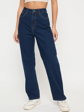 Madame Acid Wash Dark Blue Cotton Blend Straight Jeans Cool Fit Contemporary Wear