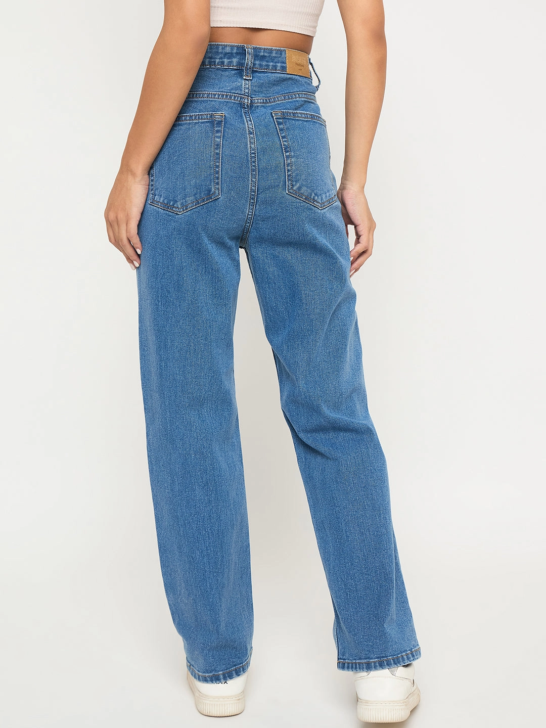 Madame Acid Wash Mid Blue Cotton Blend Straight Jeans Comfy Waist