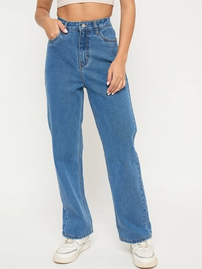 Textured Smart Casual Road Trip Madame Acid Wash Mid Blue Cotton Blend Straight Jeans
