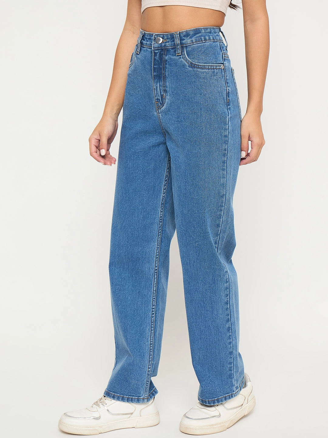 Reinforced Stitching Details Sandblasted Details Madame Acid Wash Mid Blue Cotton Blend Straight Jeans