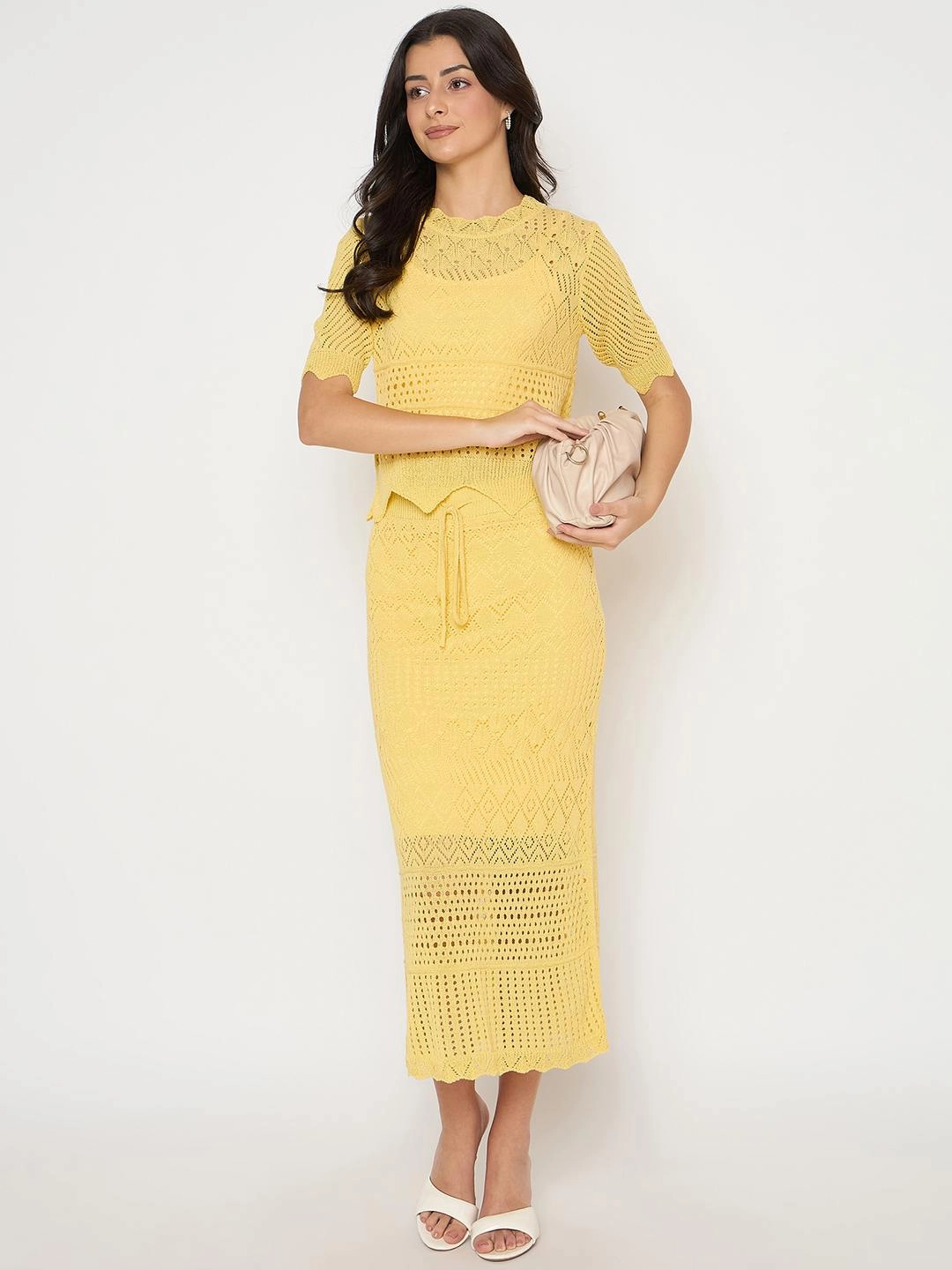 Madame Acrylic Blend Top and Skirt Yellow Knitted Co-ord Set Soft Balance Anti-bacterial