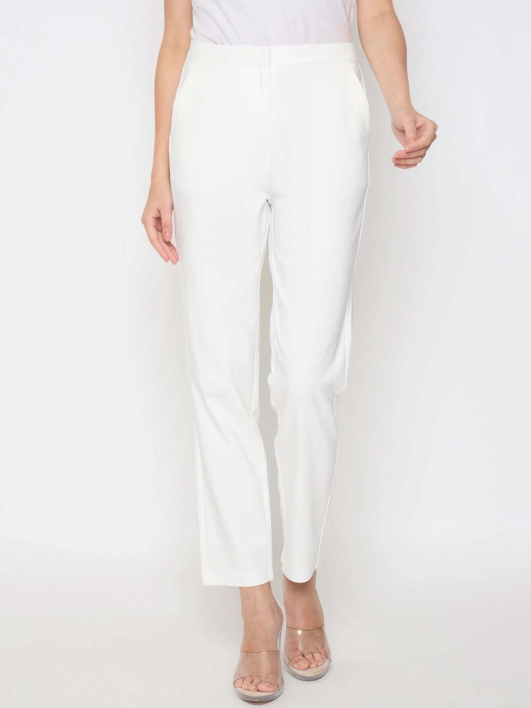 Non Restrictive Collar AntiFade Treatment Madame Alex Waist Belt Detail Solid White Trousers