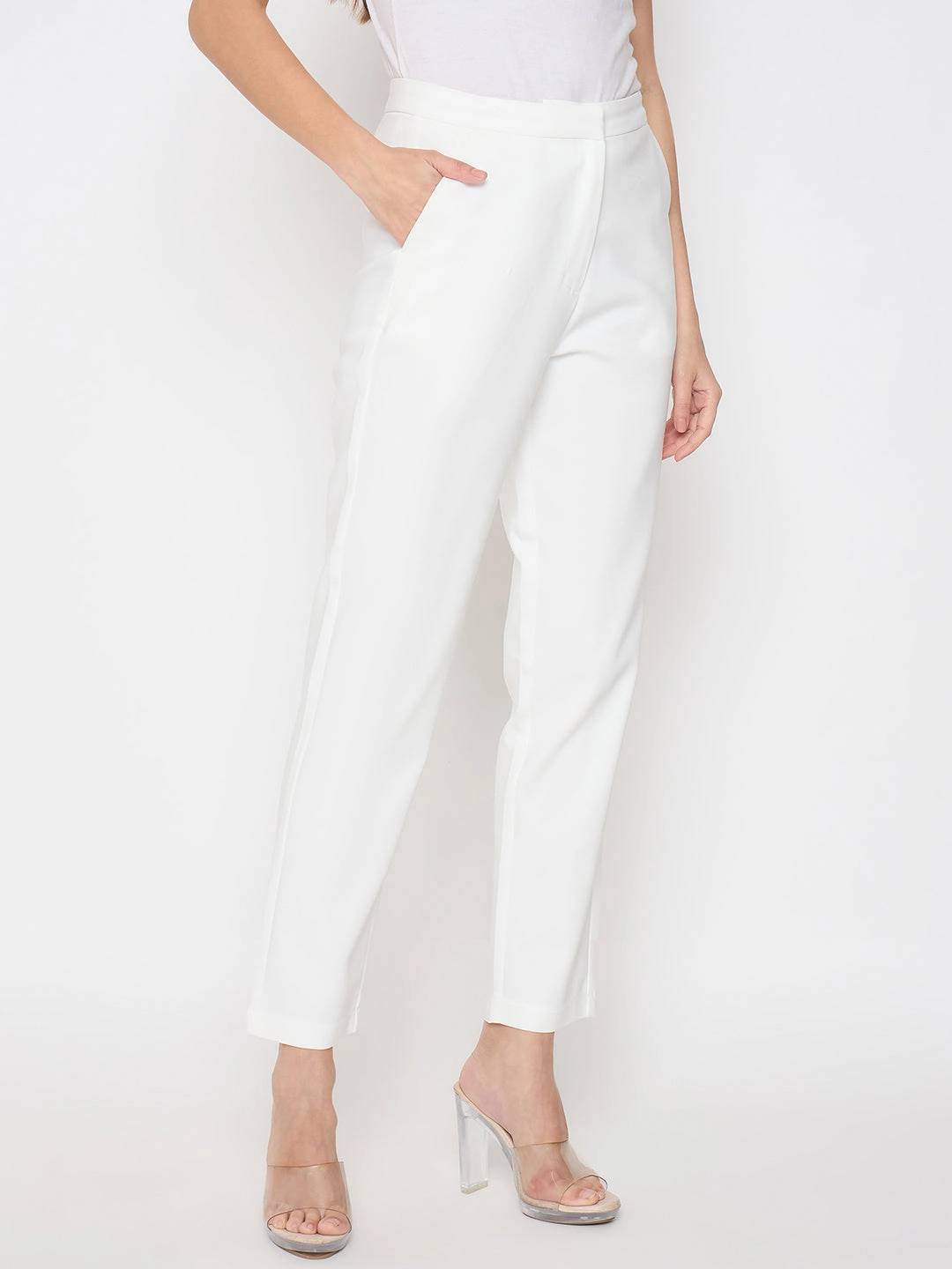 MultiPocket Design Madame Alex Waist Belt Detail Solid White Trousers
