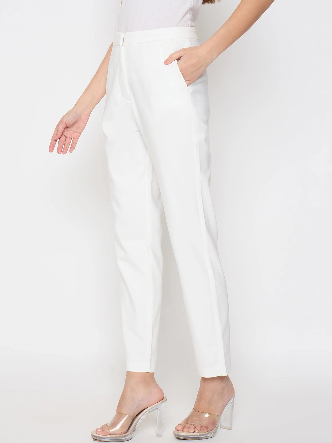 Non Restrictive Collar Wool Sweater Madame Alex Waist Belt Detail Solid White Trousers