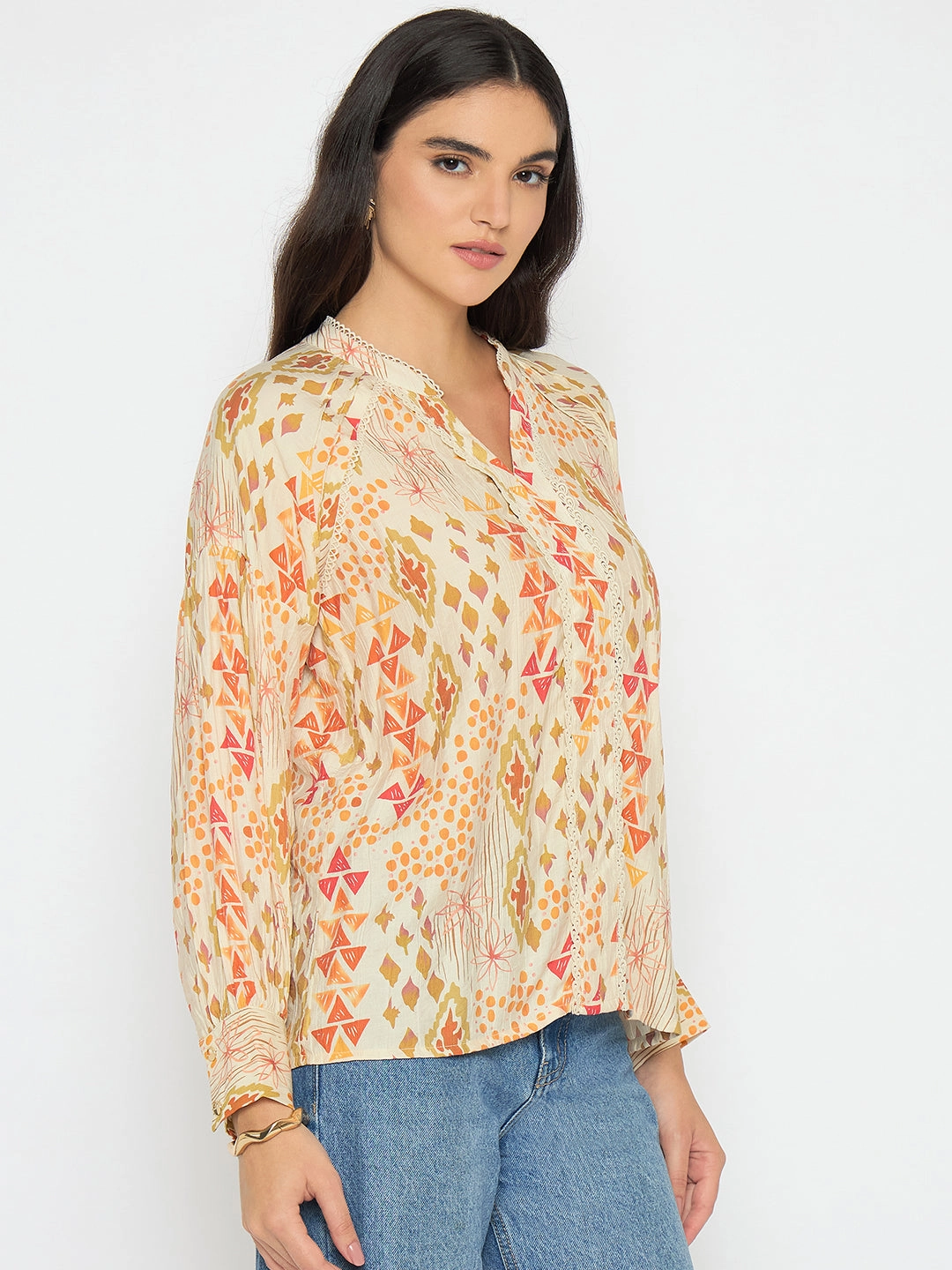 Madame All Over Print Beige Rayon Blend Top All Weather Performance Fabric