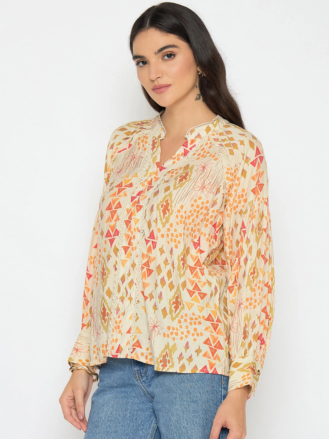 Madame All Over Print Beige Rayon Blend Top Recycled Polyester Biodegradable material