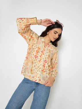 Madame All Over Print Beige Rayon Blend Top Anti Bacterial Layer Weighted Hem Design