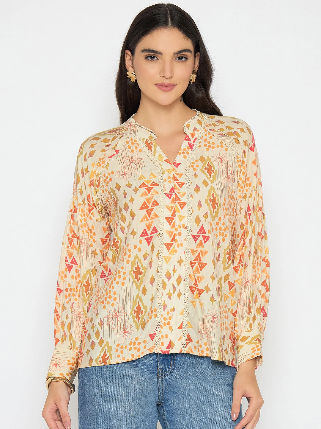 Madame All Over Print Beige Rayon Blend Top FourWayStretch AdjustableHemCuffs