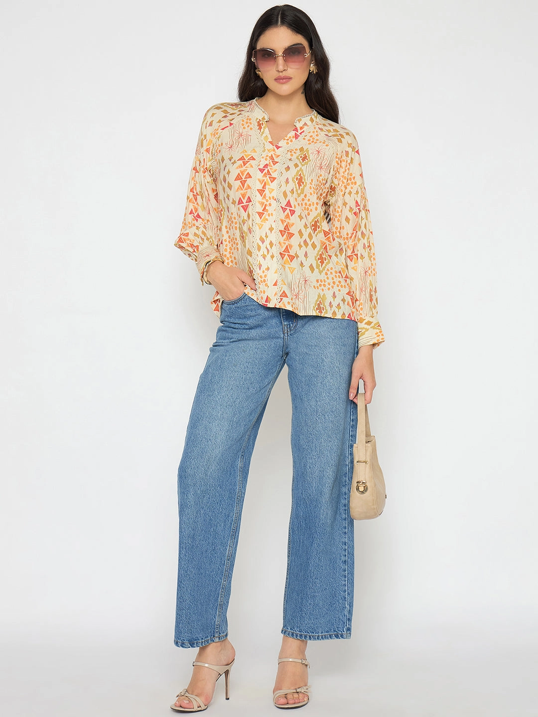 Madame All Over Print Beige Rayon Blend Top summer top Basic Dress