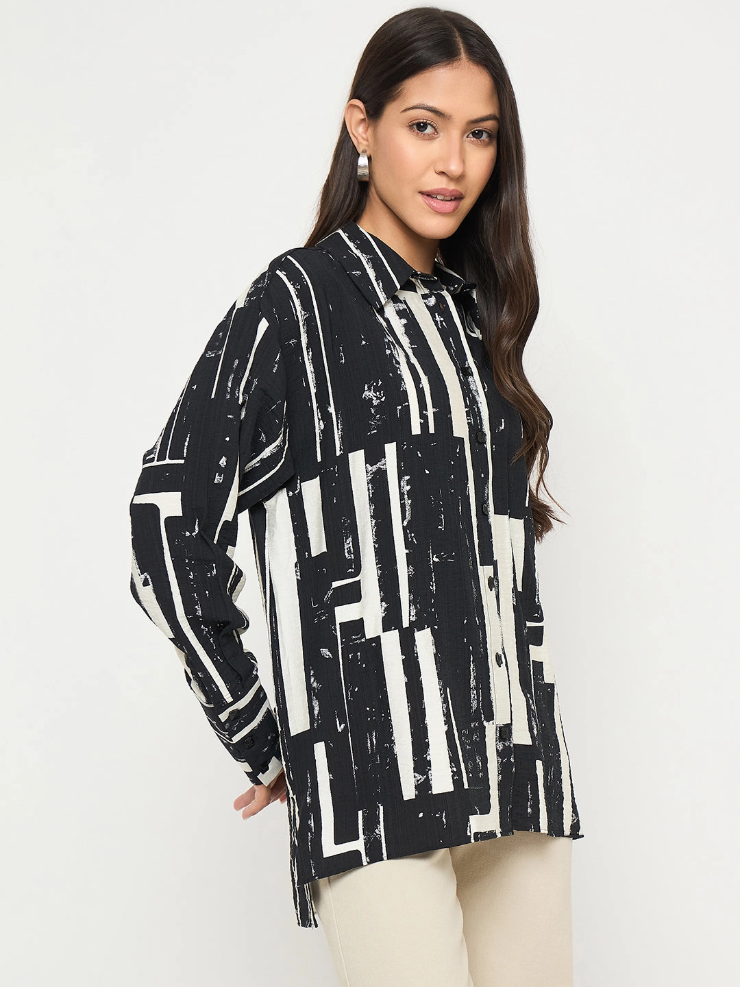 Standalone Option Affordable Luxury Madame All Over Print Black Cotton Blend Full Shirt
